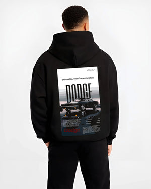 Black hoodie worn by a male model, back view, featuring Dodge Challenger american muscle street retro classic legend graphic.