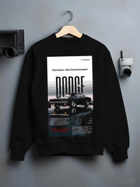 Black crewneck sweatshirt on a hanger against a grey wall, featuring Dodge Challenger american muscle street retro classic graphic.