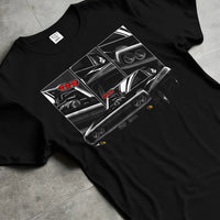 Black T-shirt laid flat with natural fabric folds, featuring Dodge Charger supercharged american muscle classic enthusiast graphic.