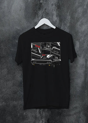Black crewneck T-shirt on a hanger against a grey wall, featuring Dodge Charger supercharged american muscle classic graphic.