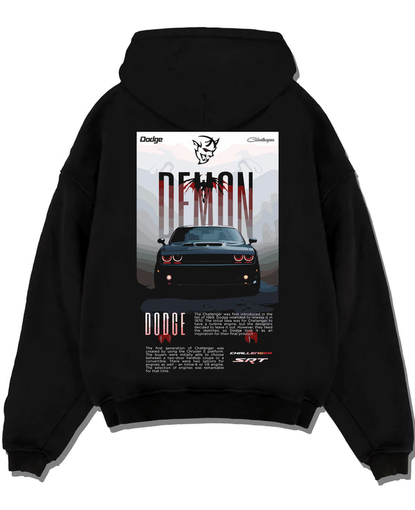 Black pullover hoodie laid flat on a white background, featuring Dodge Challenger racing muscle street retro enthusiast graphic.