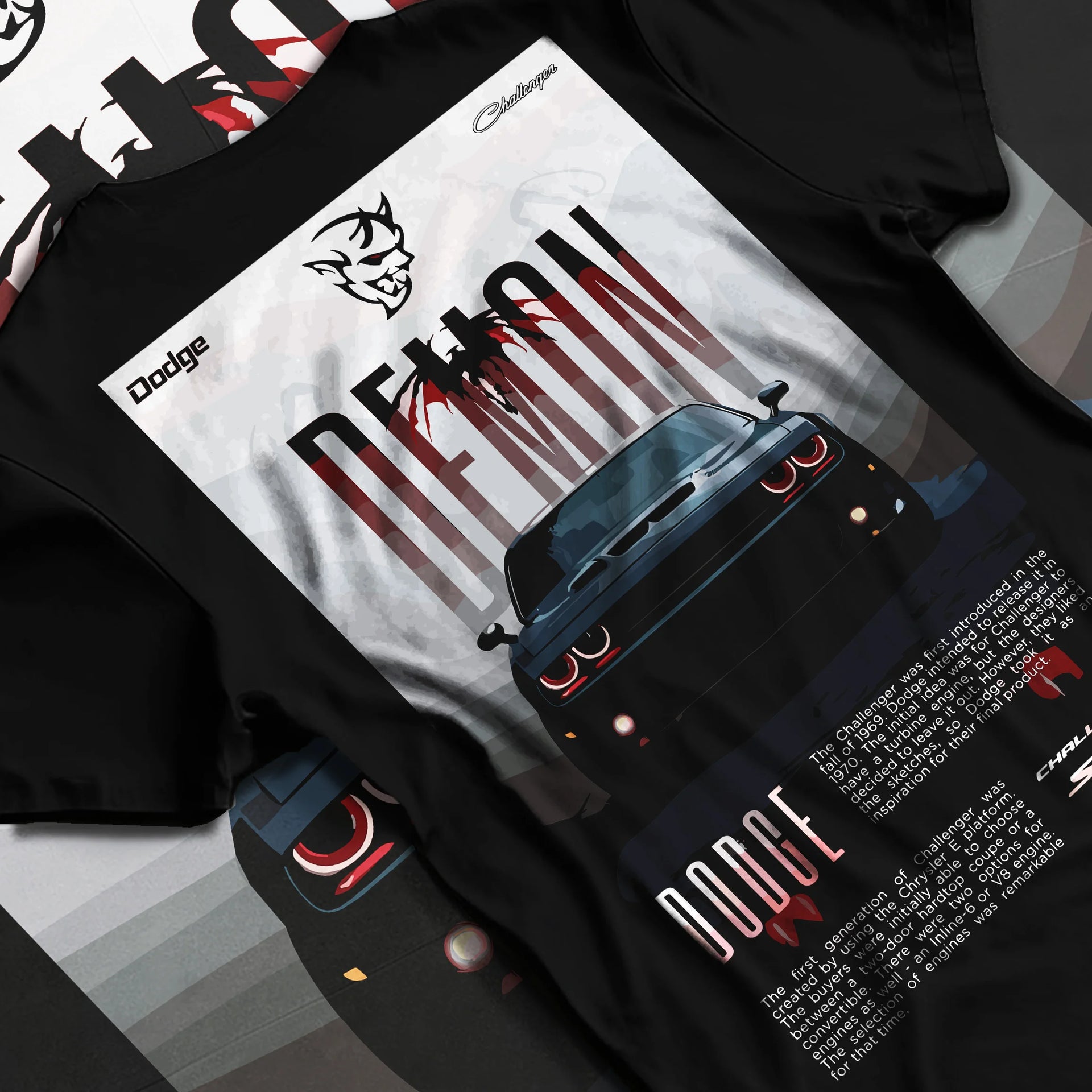 Black T-shirt laid flat with natural fabric folds, featuring Dodge Challenger racing muscle street retro enthusiast graphic.