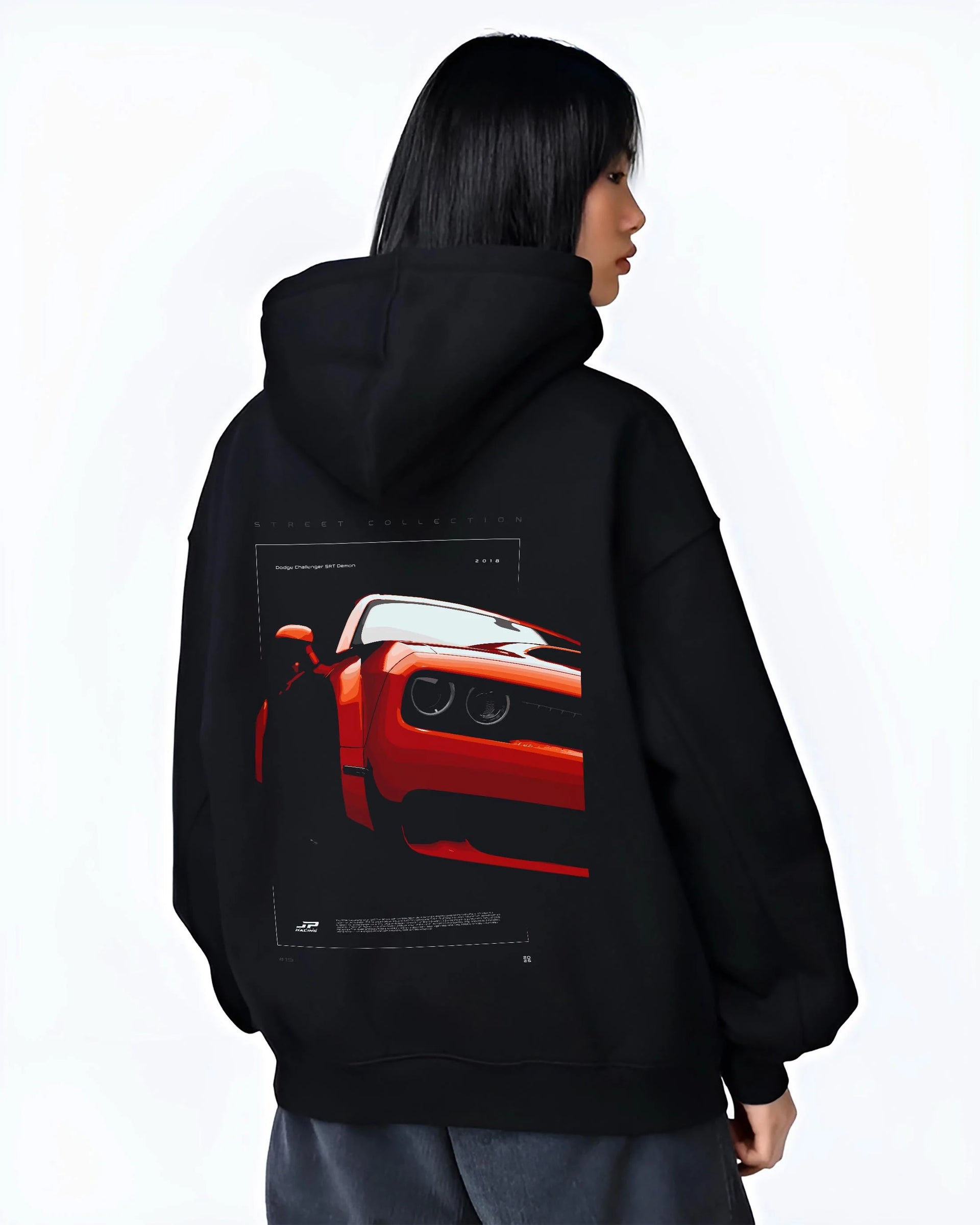 Black hoodie worn by a female model, back view, featuring Dodge Challenger srt racing muscle street enthusiast performance graphic.