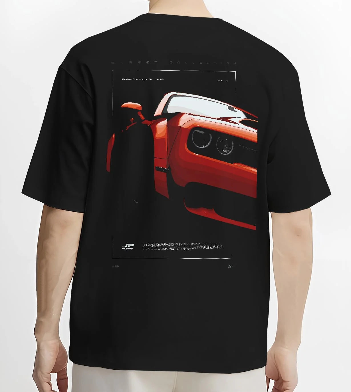 Black T-shirt worn by a male model, back view, featuring Dodge Challenger srt racing muscle street enthusiast performance graphic.