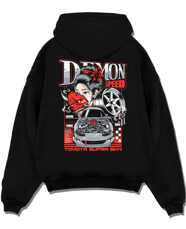 Black pullover hoodie laid flat on a white background, featuring Toyota Supra turbo racing drift jdm japanese tuner street graphic.