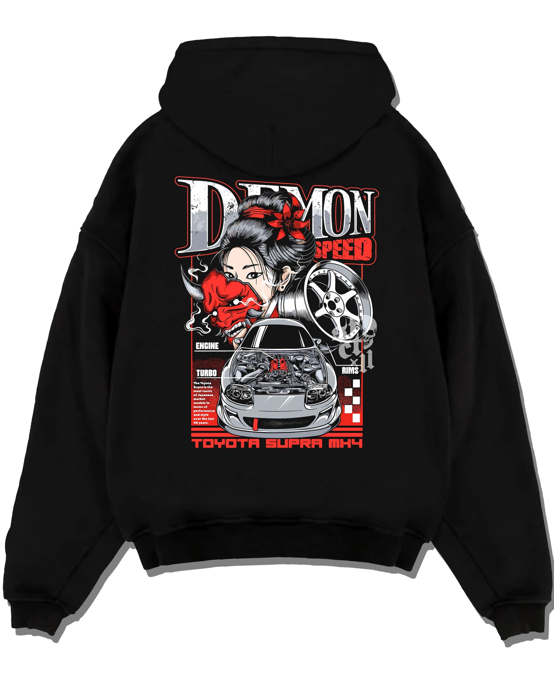Black pullover hoodie laid flat on a white background, featuring Toyota Supra turbo racing drift jdm japanese tuner street graphic.