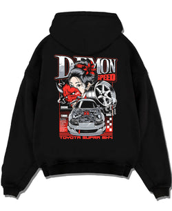 Black pullover hoodie laid flat on a white background, featuring Toyota Supra turbo racing drift jdm japanese tuner street graphic.