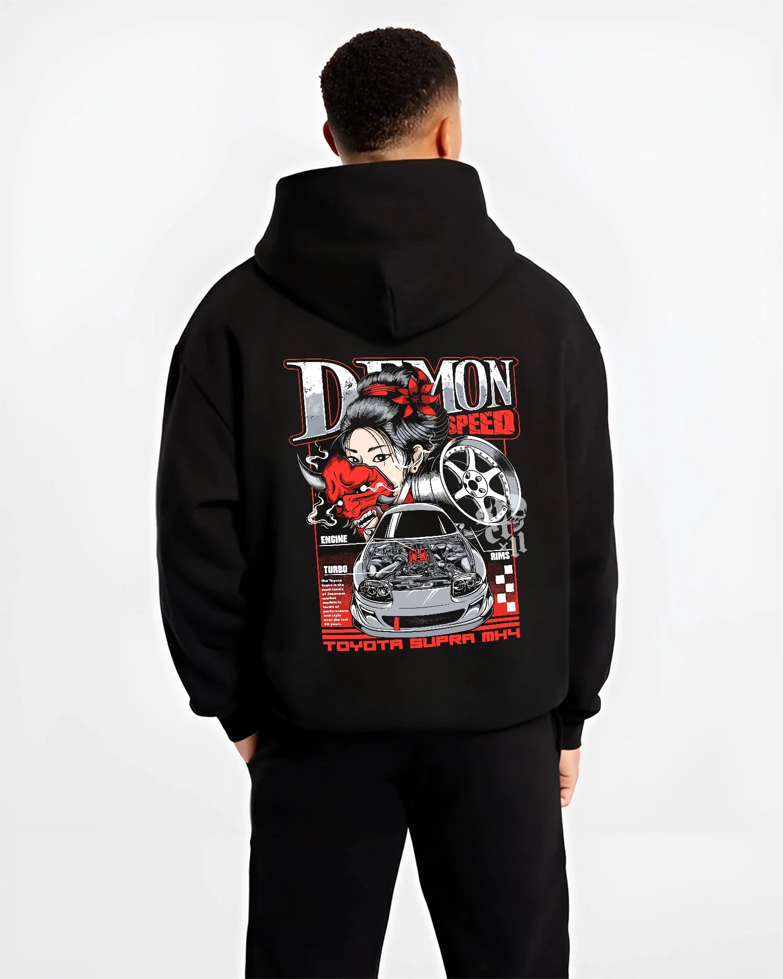Black hoodie worn by a male model, back view, featuring Toyota Supra turbo racing drift jdm japanese tuner street speed graphic.