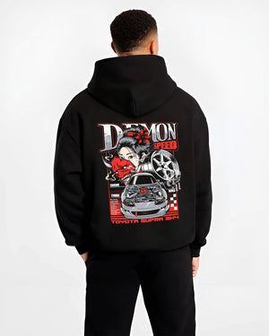Black hoodie worn by a male model, back view, featuring Toyota Supra turbo racing drift jdm japanese tuner street speed graphic.