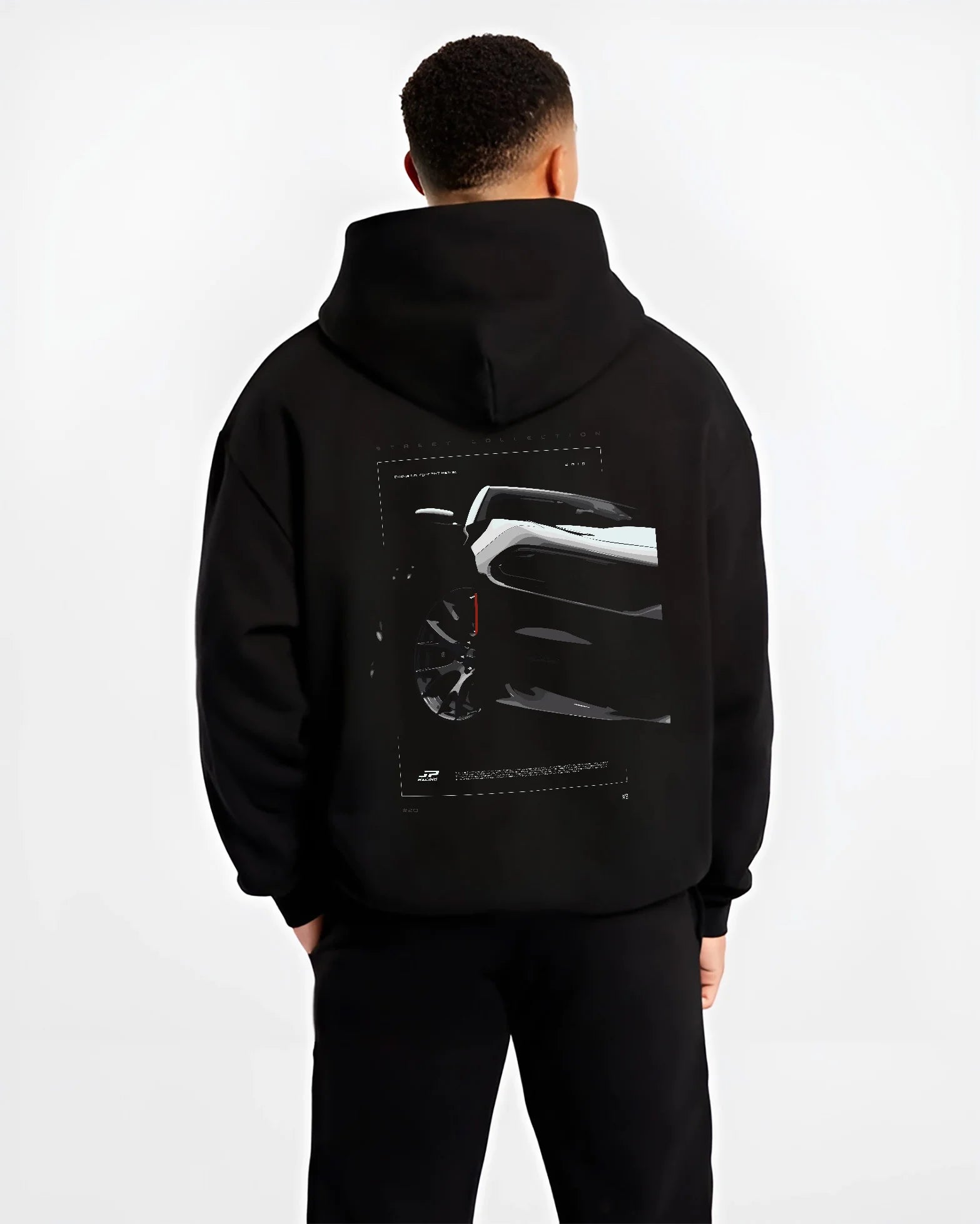 Black hoodie worn by a male model, back view, featuring Dodge Charger racing muscle street enthusiast performance graphic.