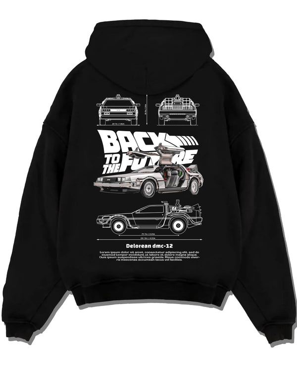 Black pullover hoodie laid flat on a white background, featuring DeLorean DMC-12 street retro racing performance motorsport dmcbtf.