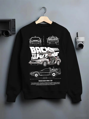 Black crewneck sweatshirt on a hanger against a grey wall, featuring DeLorean DMC-12 street retro racing performance dmcbtf.