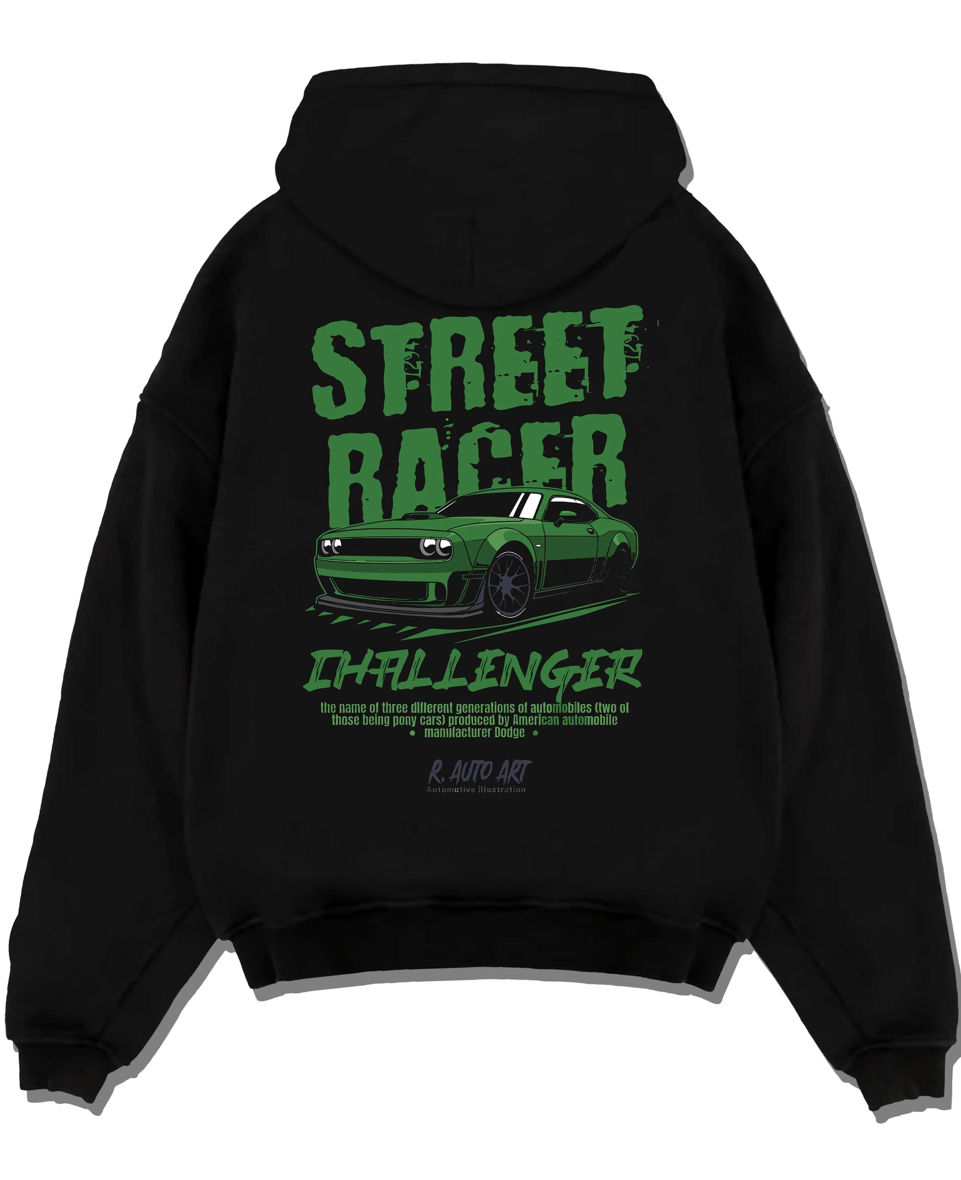 Black pullover hoodie laid flat on a white background, featuring Dodge Challenger racing race muscle street retro graphic.