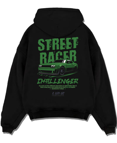 Black pullover hoodie laid flat on a white background, featuring Dodge Challenger racing race muscle street retro graphic.