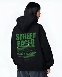 Black hoodie worn by a female model, back view, featuring Dodge Challenger racing race muscle street retro enthusiast graphic.