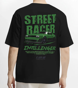 Black T-shirt worn by a male model, back view, featuring Dodge Challenger racing race muscle street retro enthusiast graphic.
