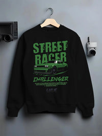 Black crewneck sweatshirt on a hanger against a grey wall, featuring Dodge Challenger racing race muscle street retro graphic.