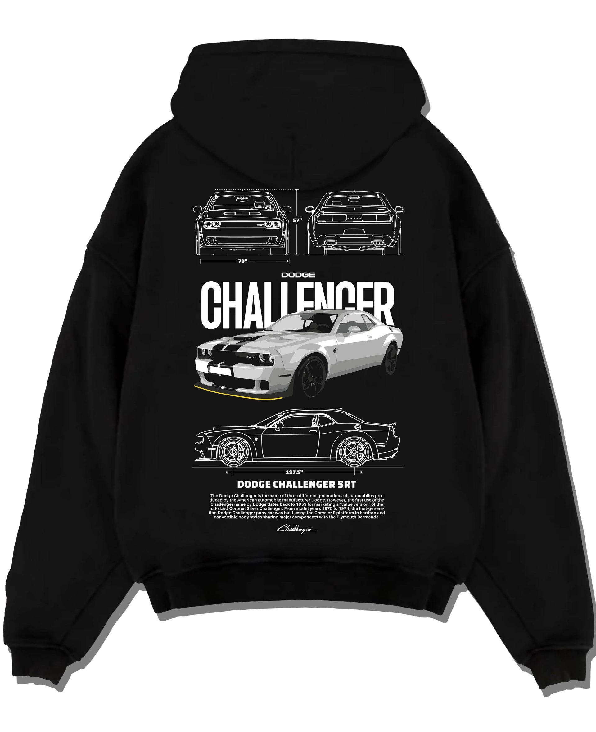 Black pullover hoodie laid flat on a white background, featuring Dodge Challenger srt turbo racing american muscle street graphic.