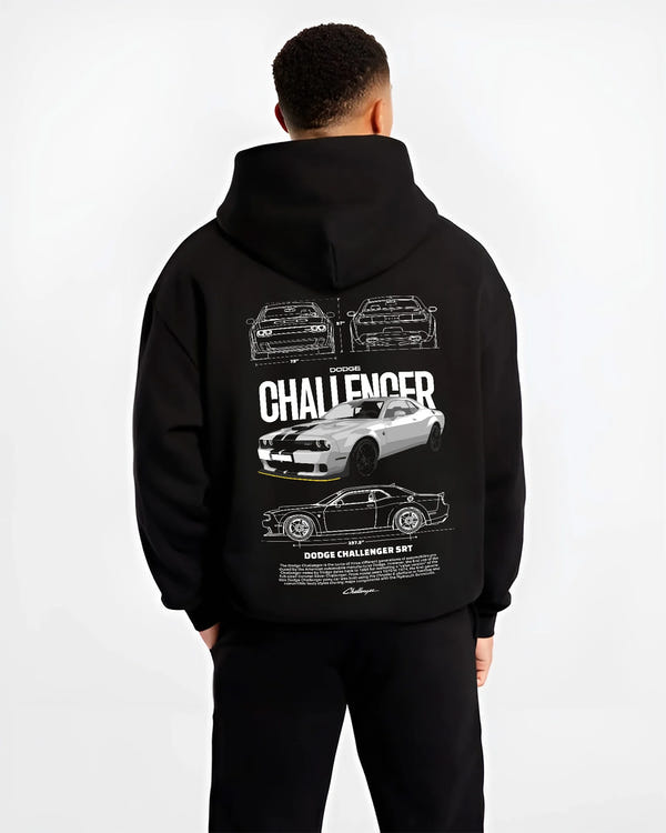 Black hoodie worn by a male model, back view, featuring Dodge Challenger srt turbo racing american muscle street classic graphic.