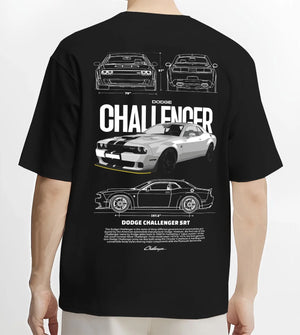 Black T-shirt worn by a male model, back view, featuring Dodge Challenger srt turbo racing american muscle street classic graphic.