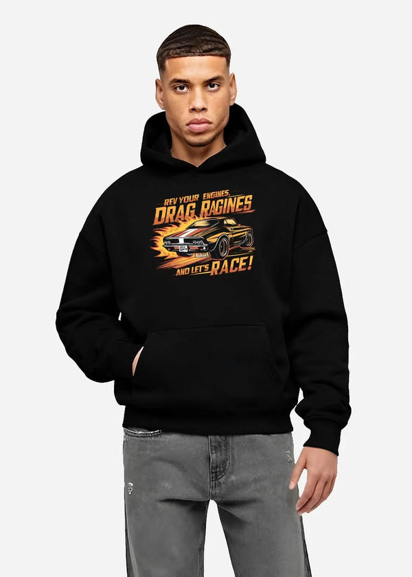 Black hoodie worn by a male model, front view, featuring turbo racing drag muscle street retro performance motorsport graphic.