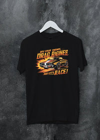 Black crewneck T-shirt on a hanger against a grey wall, featuring turbo racing drag muscle street retro performance graphic.