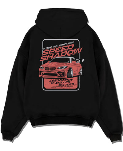 Black pullover hoodie laid flat on a white background, featuring rs racing drift motorsport street speed performance graphic.