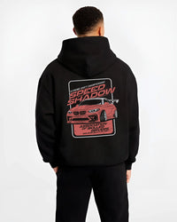 Black hoodie worn by a male model, back view, featuring rs racing drift motorsport street speed performance automotive graphic.