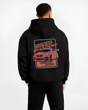Black hoodie worn by a male model, back view, featuring rs racing drift motorsport street speed performance automotive graphic.