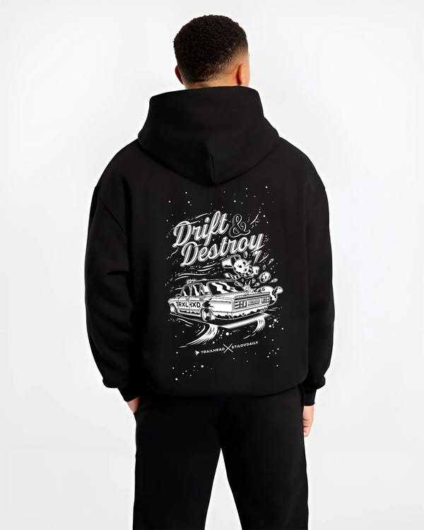 Black hoodie worn by a male model, back view, featuring racing drift street retro performance motorsport automotive graphic.