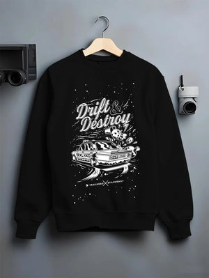 Black crewneck sweatshirt on a hanger against a grey wall, featuring racing drift street retro performance motorsport graphic.