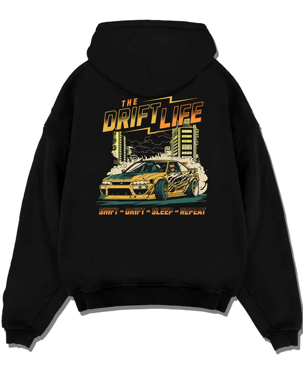 Black pullover hoodie laid flat on a white background, featuring racing drift jdm street retro vintage performance graphic.