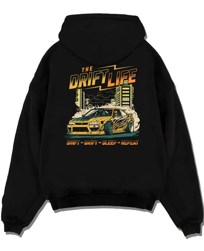 Black pullover hoodie laid flat on a white background, featuring racing drift jdm street retro vintage performance graphic.