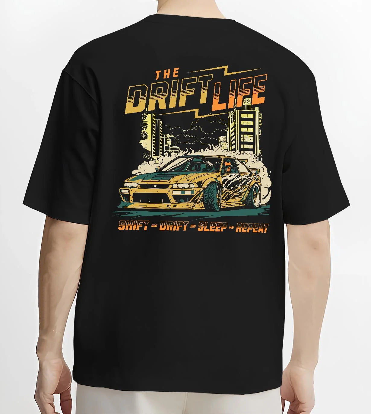 Black T-shirt worn by a male model, back view, featuring racing drift jdm street retro vintage performance motorsport graphic.
