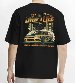 Black T-shirt worn by a male model, back view, featuring racing drift jdm street retro vintage performance motorsport graphic.