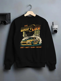 Black crewneck sweatshirt on a hanger against a grey wall, featuring racing drift jdm street retro vintage performance graphic.
