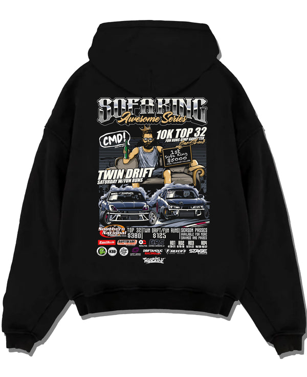Black pullover hoodie laid flat on a white background, featuring racing drift jdm tuner street enthusiast show performance graphic.