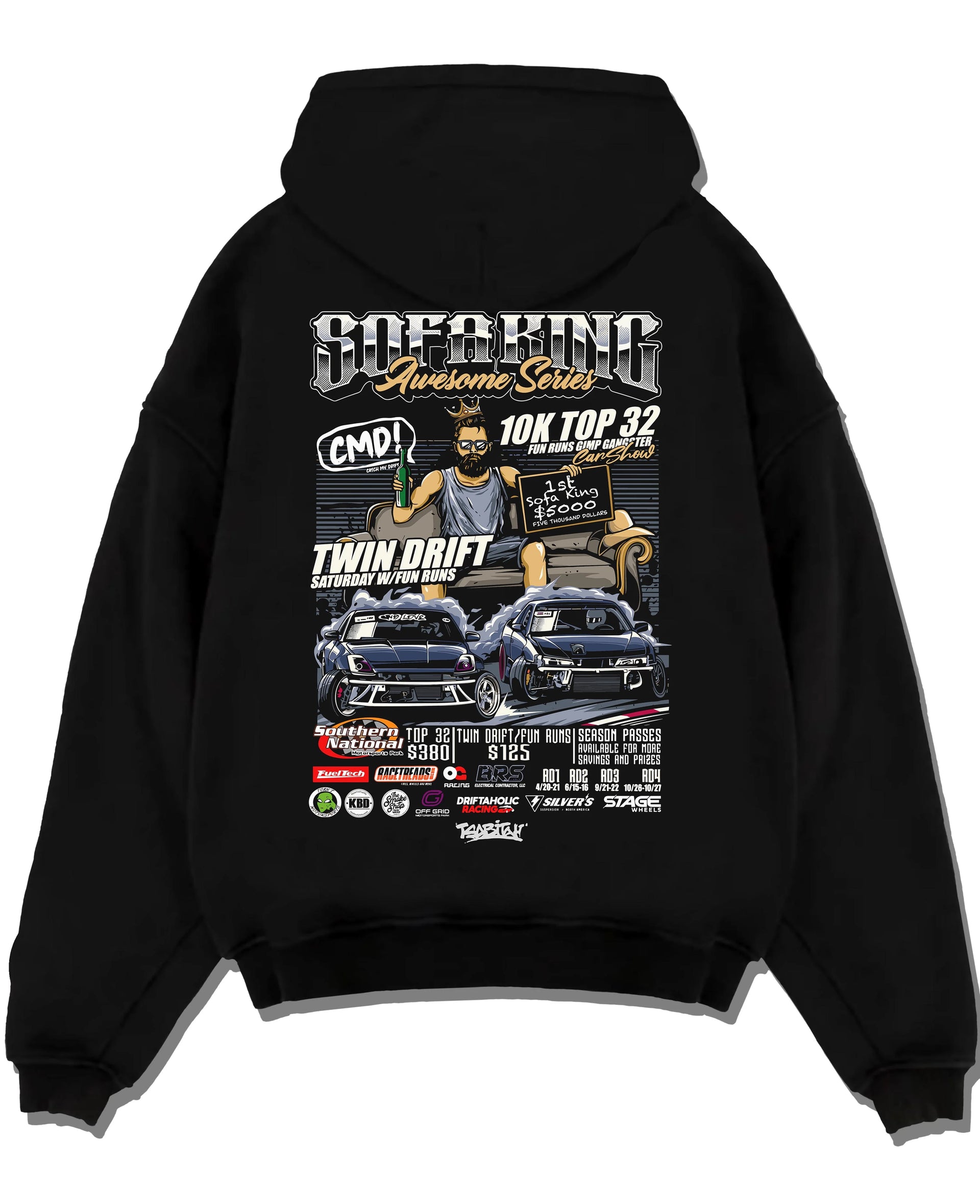 Black pullover hoodie laid flat on a white background, featuring racing drift jdm tuner street enthusiast show performance graphic.