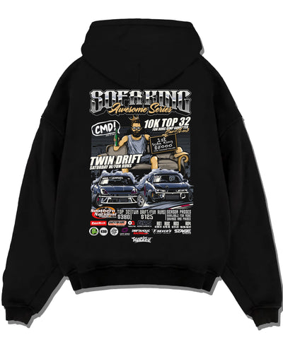 Black pullover hoodie laid flat on a white background, featuring racing drift jdm tuner street enthusiast show performance graphic.