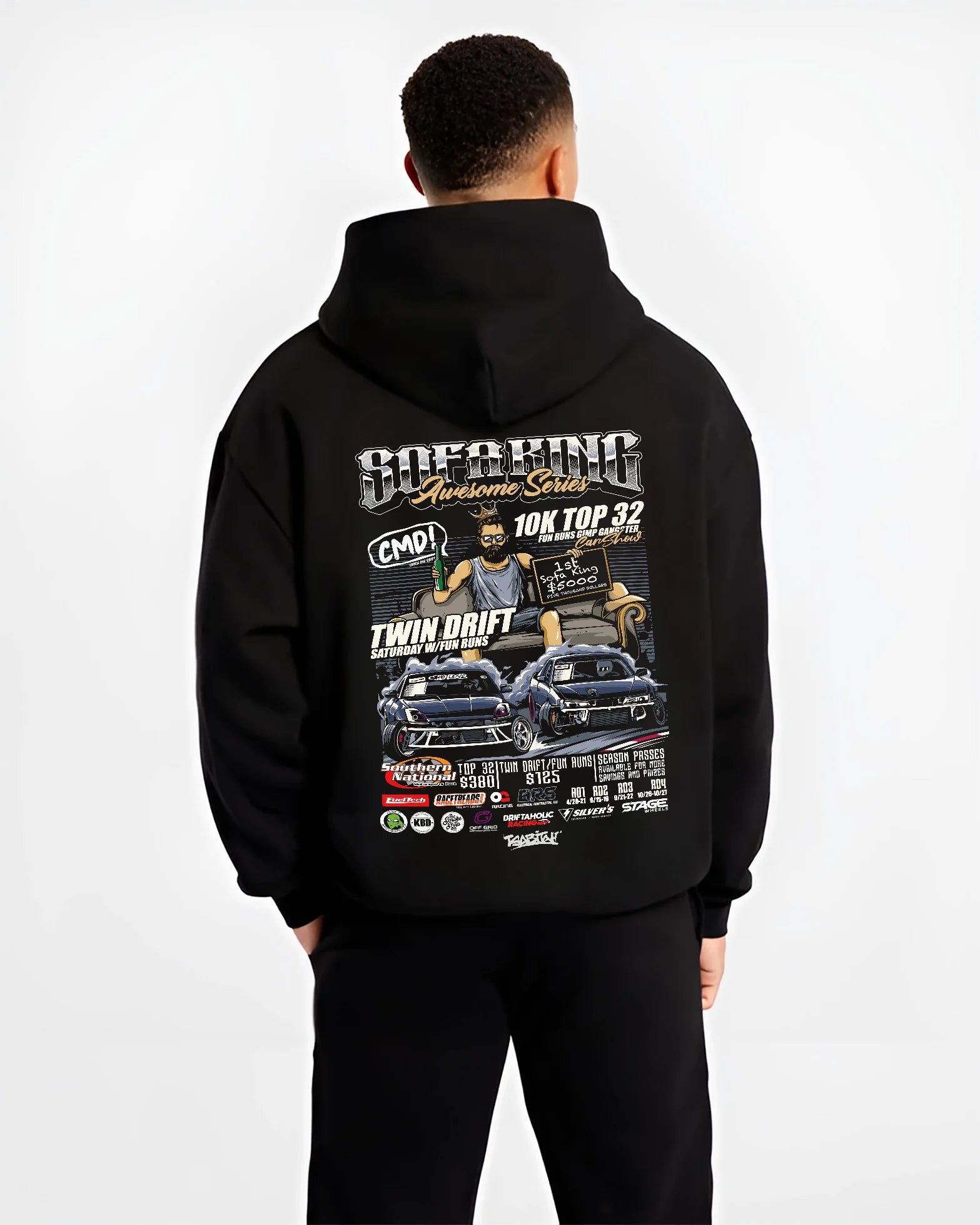 Black hoodie worn by a male model, back view, featuring racing drift jdm tuner street enthusiast show performance graphic.