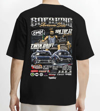 Black T-shirt worn by a male model, back view, featuring racing drift jdm tuner street enthusiast show performance graphic.