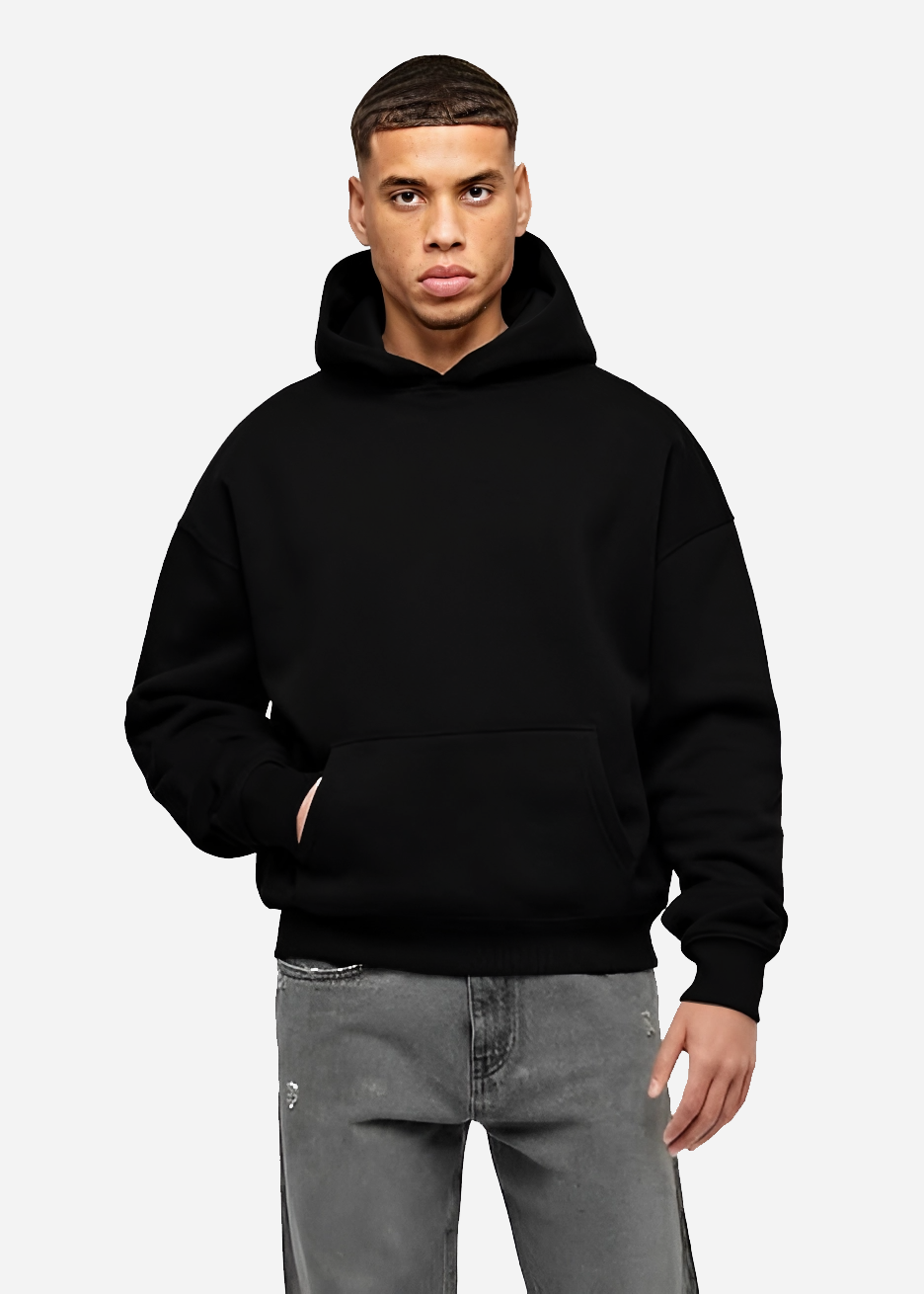 Black Trackhead hoodie worn by male model on light background, premium car streetwear for JDM tuners and drift fans.