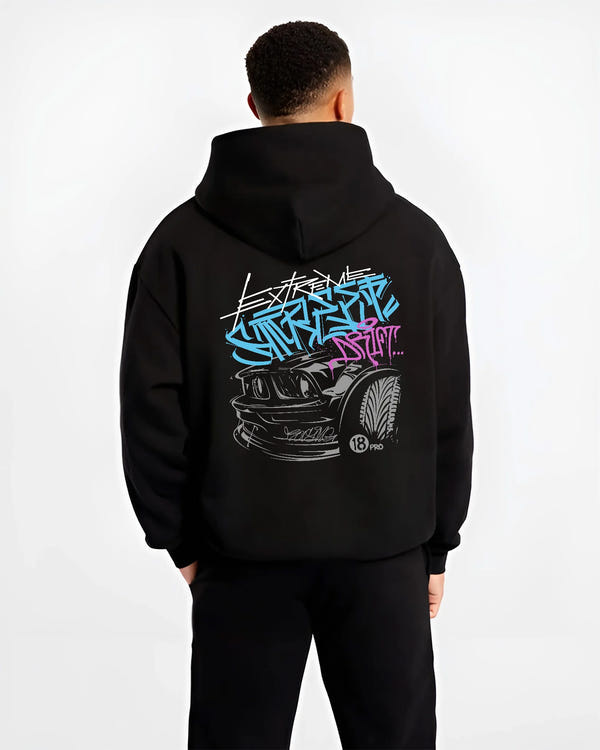 Black hoodie worn by a male model, back view, featuring drift jdm tuner street enthusiast racing performance motorsport graphic.
