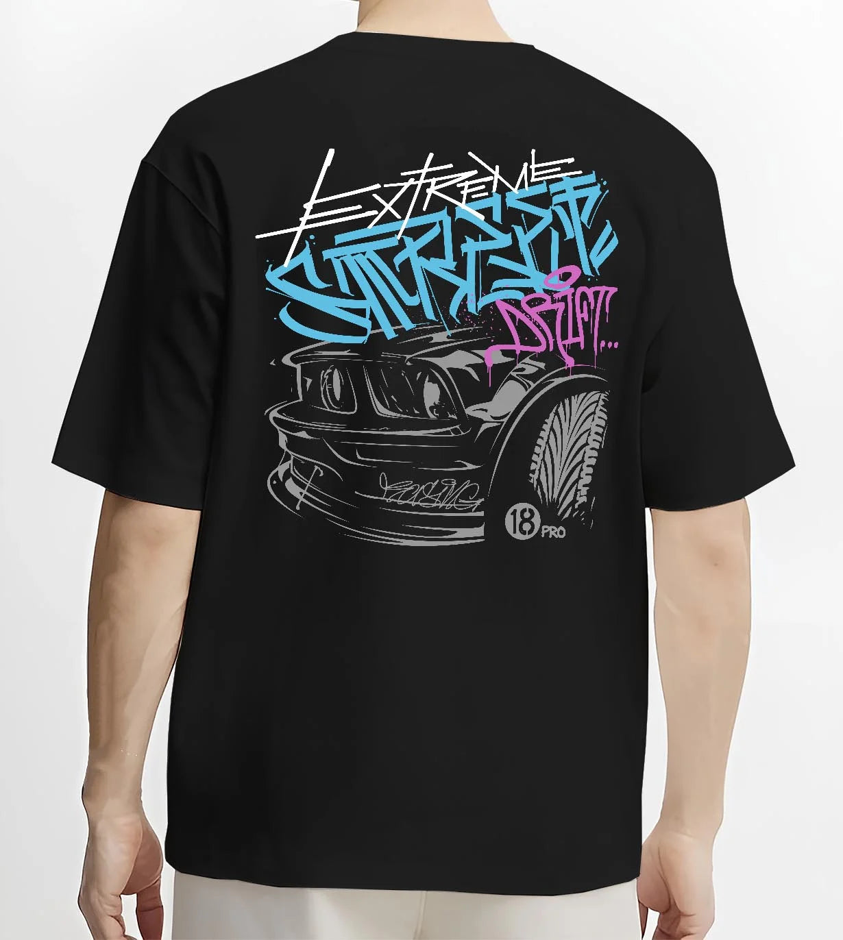 Black T-shirt worn by a male model, back view, featuring drift jdm tuner street enthusiast racing performance motorsport graphic.