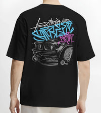 Black T-shirt worn by a male model, back view, featuring drift jdm tuner street enthusiast racing performance motorsport graphic.