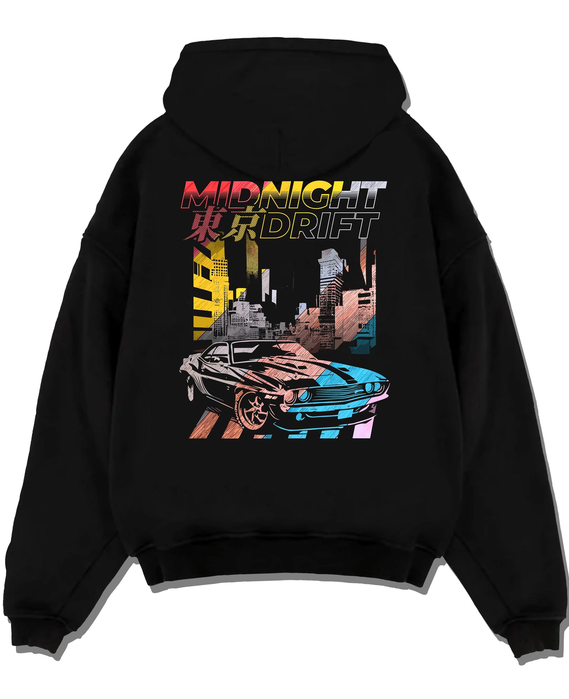 Black pullover hoodie laid flat on a white background, featuring racing drift jdm japanese muscle tokyo street midnight graphic.