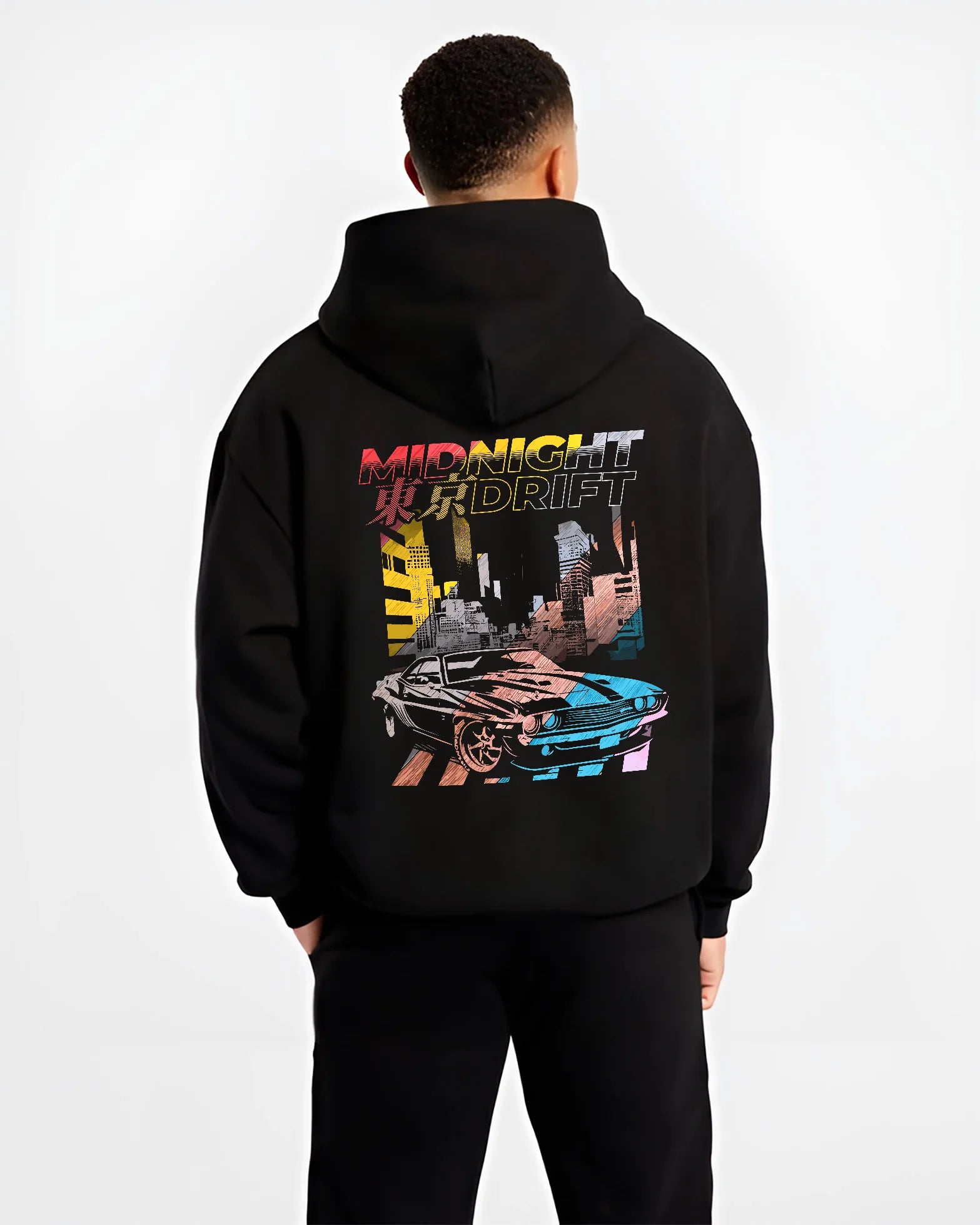 Black hoodie worn by a male model, back view, featuring racing drift jdm japanese muscle tokyo street midnight tokyo drift graphic.