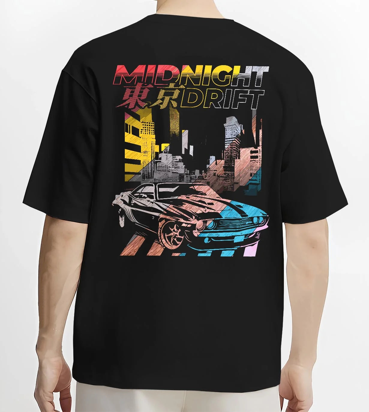 Black T-shirt worn by a male model, back view, featuring racing drift jdm japanese muscle tokyo street midnight tokyo drift graphic.