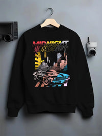 Black crewneck sweatshirt on a hanger against a grey wall, featuring racing drift jdm japanese muscle tokyo street midnight graphic.