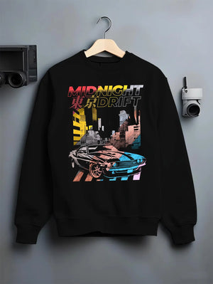 Black crewneck sweatshirt on a hanger against a grey wall, featuring racing drift jdm japanese muscle tokyo street midnight graphic.